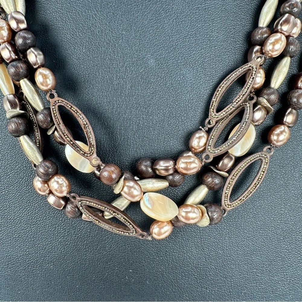 Coldwater Creek Layered Beaded Necklace Brown and Mother of Pearl Adjustable